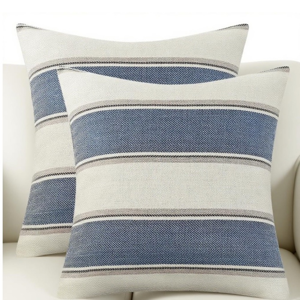 Farmhouse Stripe Linen Pillow Covers Square 20x20” (2-Pack) BLUE